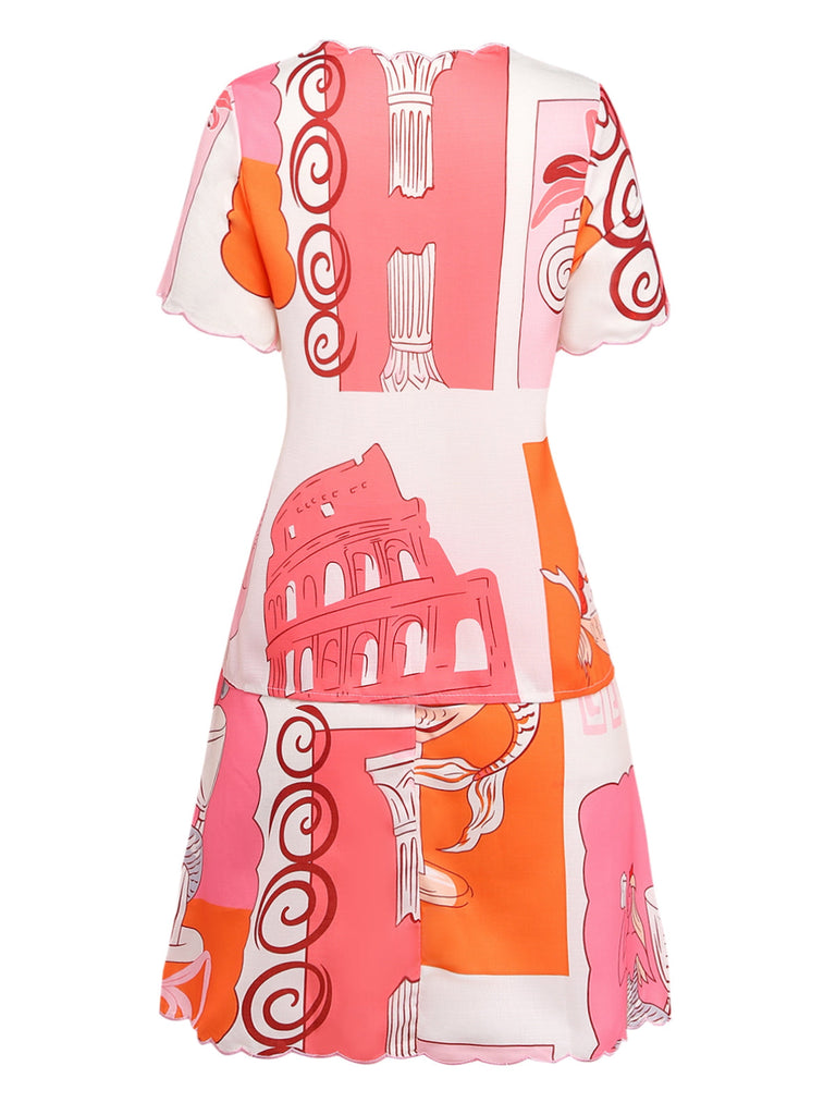2PCS Multicolor 1940s Mermaid Print Tie-Up Top & Skirt - vintage skirt, retro style for vintage lovers