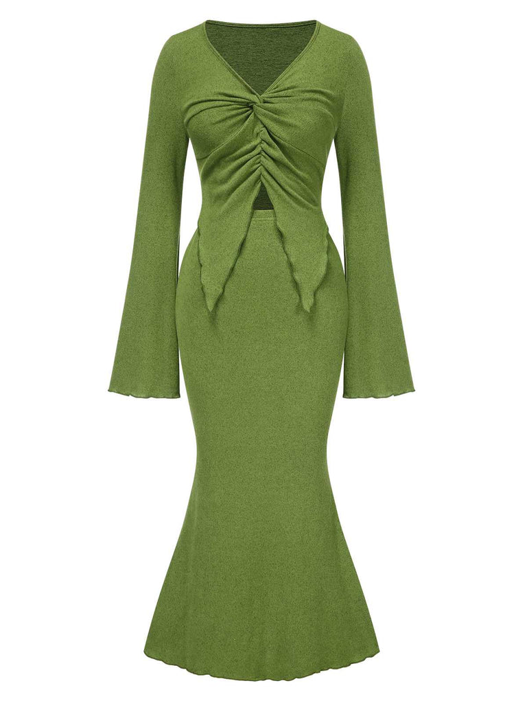 2PCS Olive Green 1930s V-Neck Top & Mermaid Skirt: a 1930s classic that whispers rather than shouts