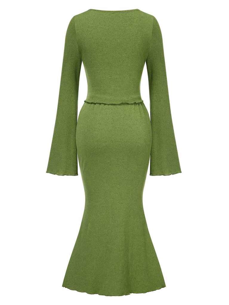 2PCS Olive Green 1930s V-Neck Top & Mermaid Skirt — 1930s elegance she can wear anywhere