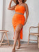 She pairs this 2PCS Orange 1970s One-Shoulder Top & Shirred Skirt with confidence and 1970s charm