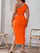This 2PCS Orange 1970s One-Shoulder Top & Shirred Skirt brings 1970s soul to her everyday