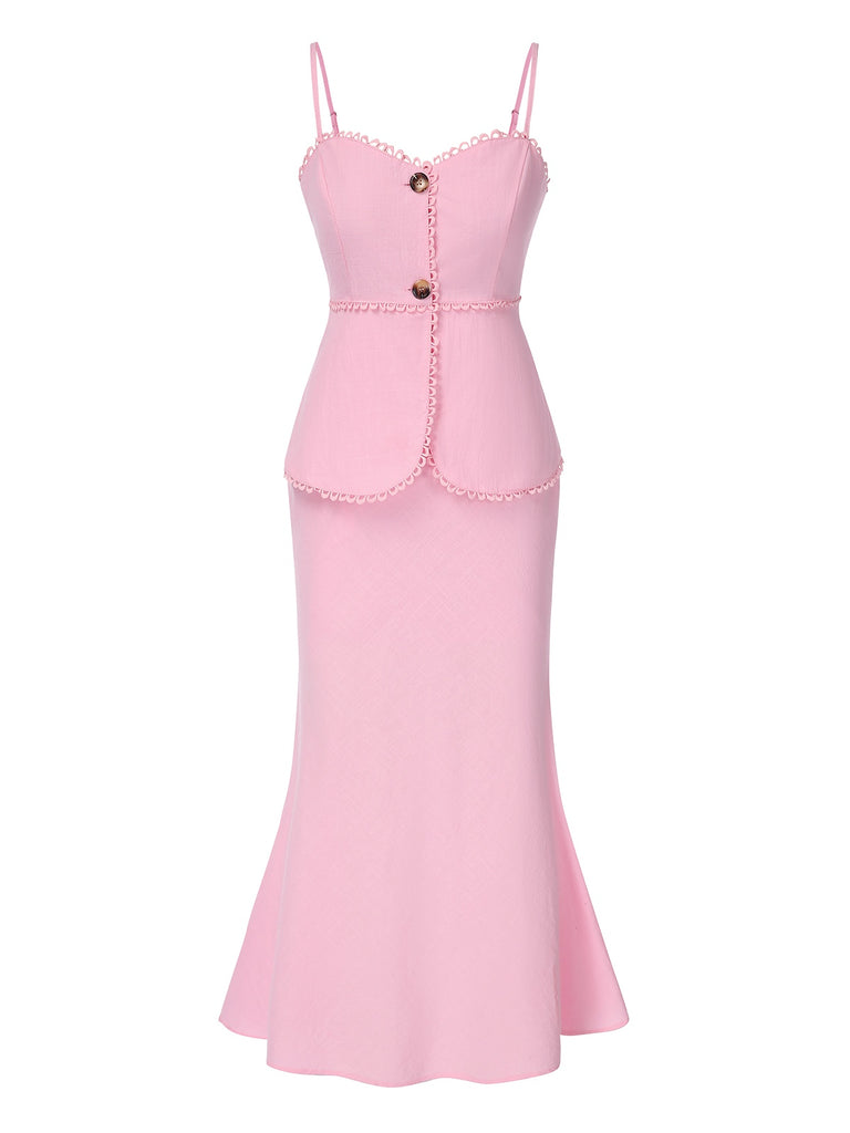 2PCS Pink 1930s Solid Cotton Spaghetti Strap Camisole & Fishtail Skirt, vintage skirt, retro style - perfect for women who love vintage and retro fashion