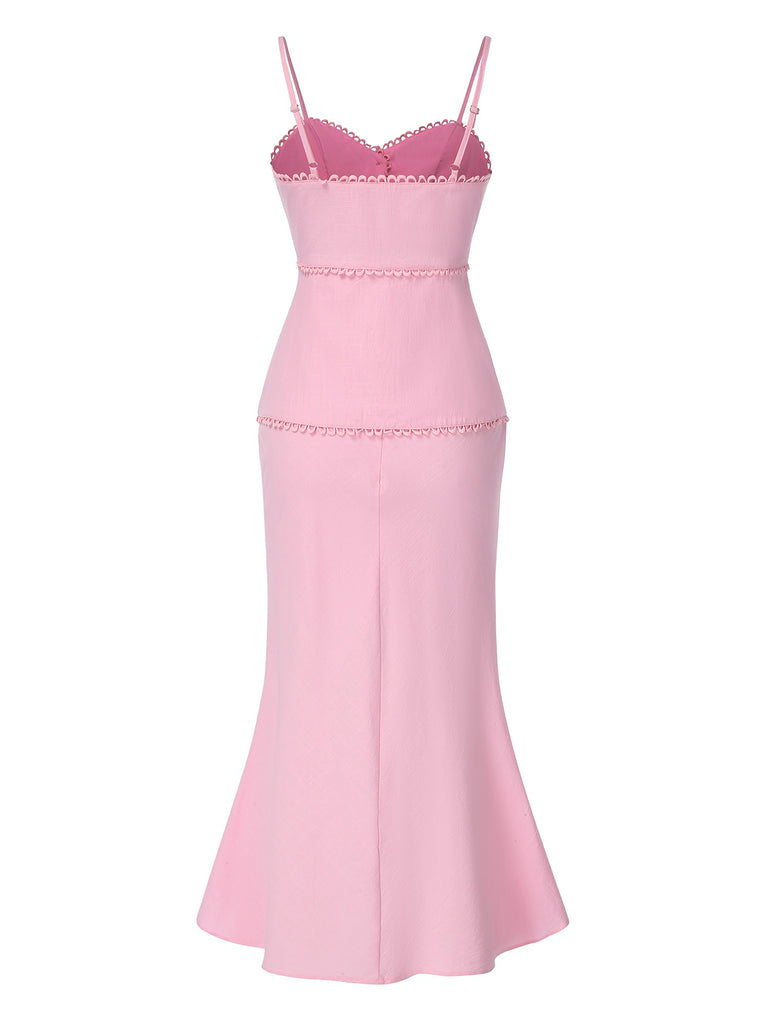 2PCS Pink 1930s Solid Cotton Spaghetti Strap Camisole & Fishtail Skirt, vintage skirt, retro style - perfect for women who love vintage and retro fashion