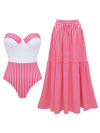 2PCS Pink 1940s Striped Strapless One-Piece Swimsuit & Cover-Up - vintage swimsuit, pin-up swimwear for vintage lovers