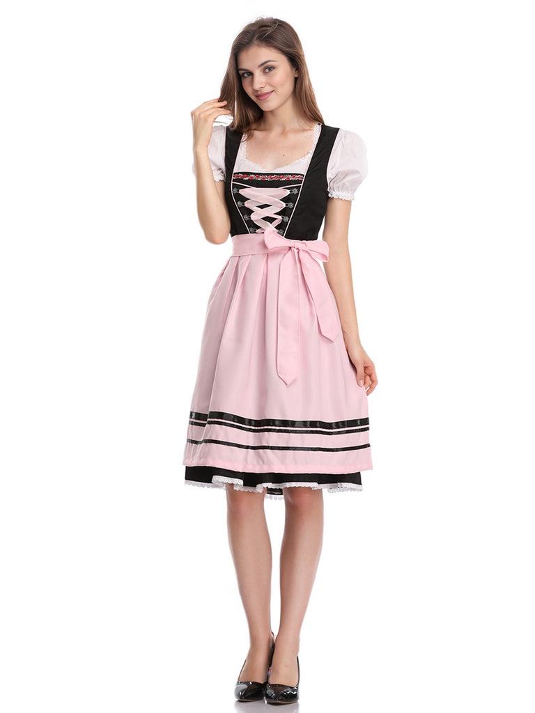 2PCS Pink 1950s Oktoberfest Puff Sleeves Embroidered Dress, vintage dress, retro fashion, rockabilly, pin-up fashion - perfect for women who love vintage and retro fashion