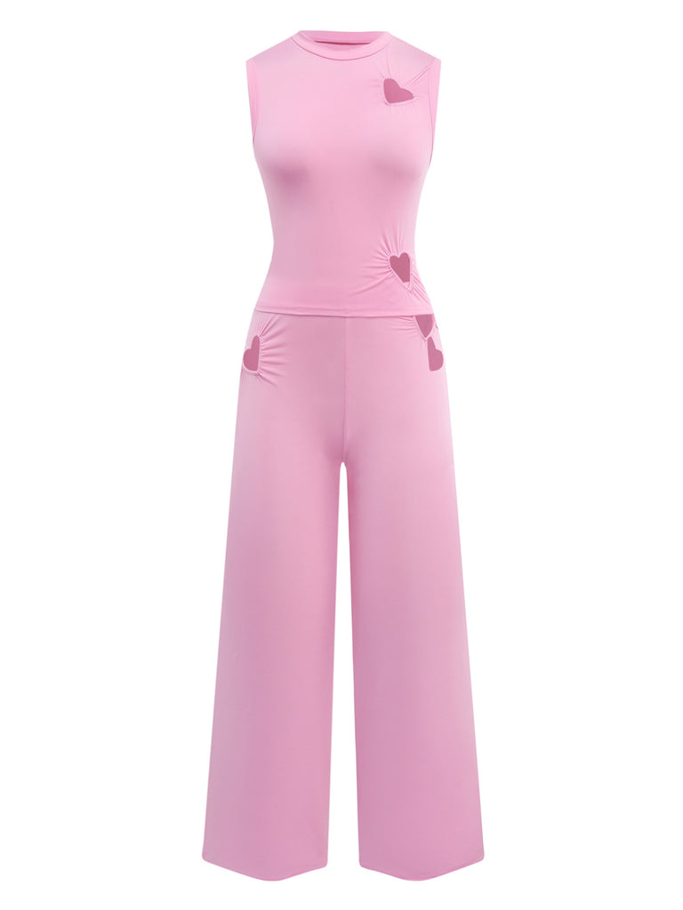 2PCS Pink 1950s Solid Heart Hollow Vest & Pants - vintage fashion, retro style