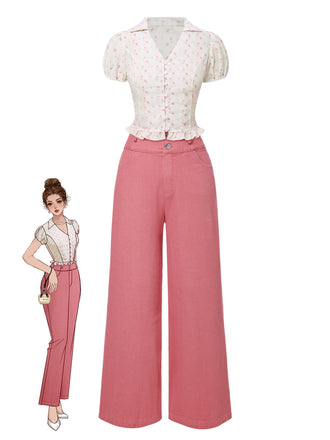 2PCS Pink 1950s Tulip Blouse & Rose Button Pants - vintage fashion, retro style
