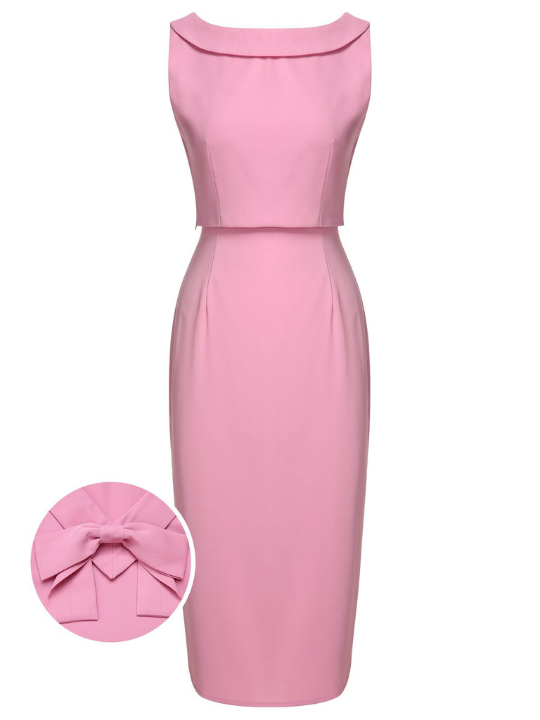 2PCS Pink 1960s Lapel Bowknot Blouse & Solid Spaghetti Strap Dress, vintage dress, retro fashion - perfect for women who love vintage and retro fashion
