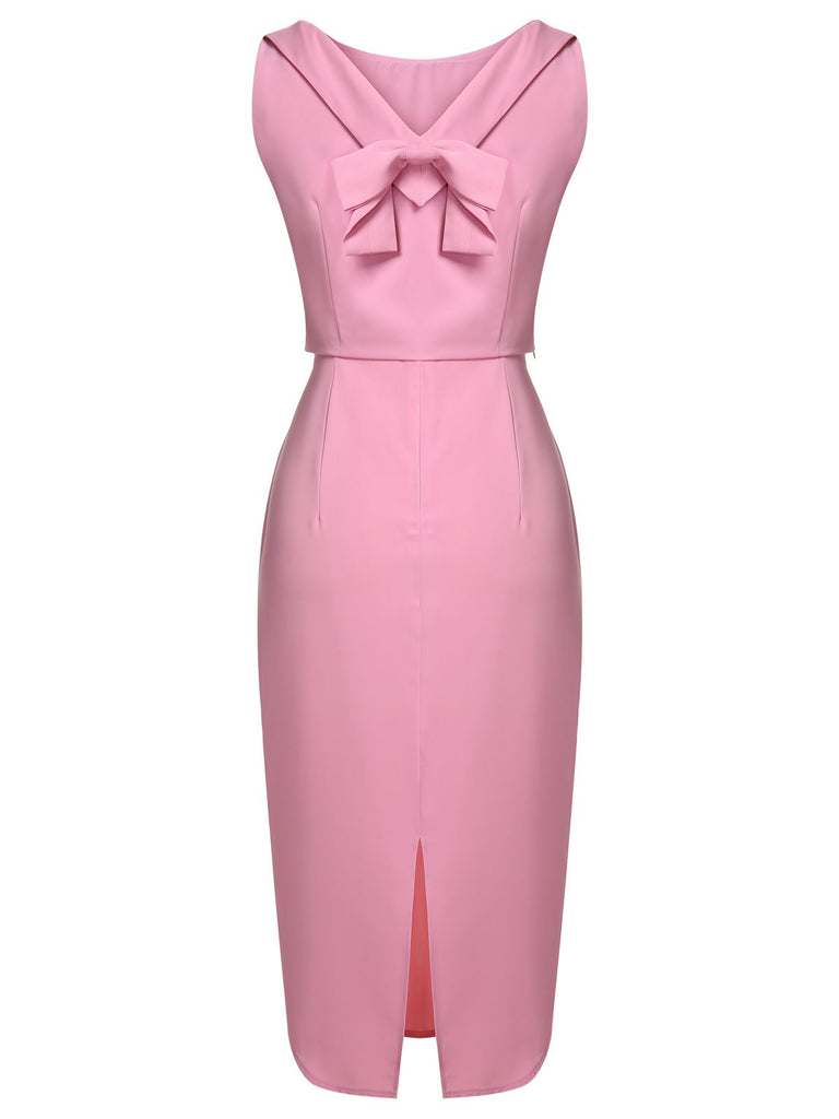 2PCS Pink 1960s Lapel Bowknot Blouse & Solid Spaghetti Strap Dress, vintage dress, retro fashion - perfect for women who love vintage and retro fashion