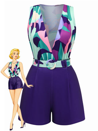 2PCS Purple 1970s Geometric Print Vest & Shorts - vintage outerwear, retro jacket, classic elegance for vintage lovers