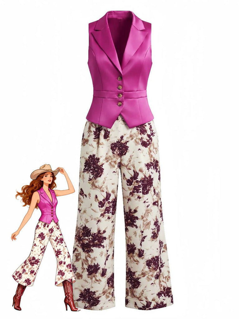 2PCS Purplish Red 1950s Lapel Button Vest & Floral Pants, vintage fashion, retro style - perfect for women who love vintage and retro fashion