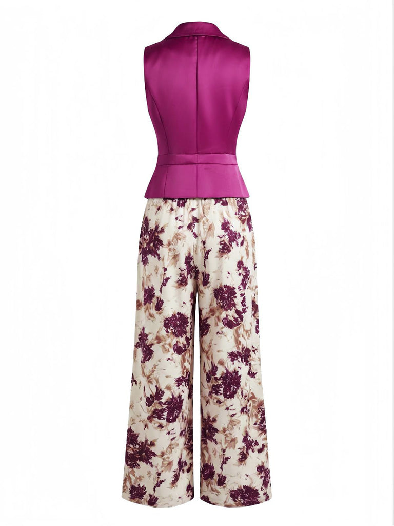2PCS Purplish Red 1950s Lapel Button Vest & Floral Pants, vintage fashion, retro style - perfect for women who love vintage and retro fashion