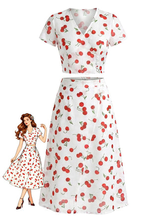 2PCS Red 1960s Cherry V-Neck Crop Top & Skirt - vintage skirt, retro style for vintage lovers