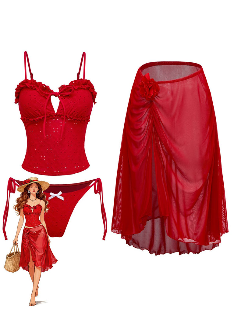 2PCS Red 1960s Cutout Ruffled Tankini Set & Cover-Up - vintage fashion, retro style, elegant red