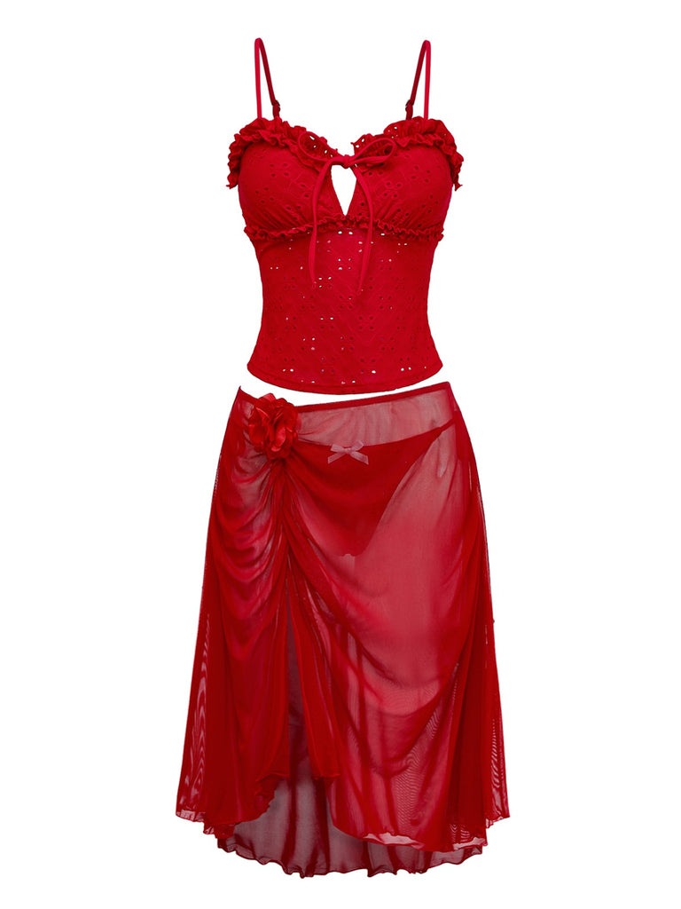 2PCS Red 1960s Cutout Ruffled Tankini Set & Cover-Up - vintage fashion, retro style, elegant red