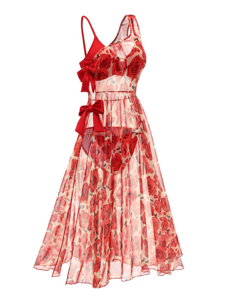 This 2PCS Red 1960s Glitter Ring Bikini Set & Roses Cover-Up carries 1960s vacation dreams in every stitch