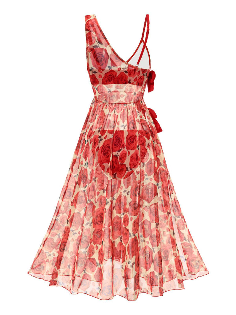 2PCS Red 1960s Glitter Ring Bikini Set & Roses Cover-Up — because 1960s glamour never goes out of style