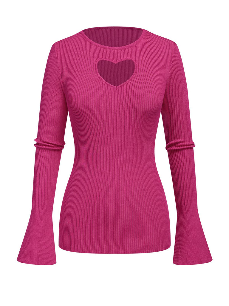 2PCS Rose Red 1970s Heart Cutout Sweater & Solid Skirt: 1970s grace for the woman who dances through life