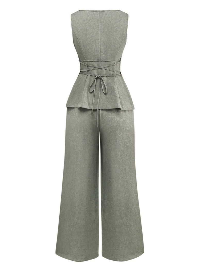 2PCS Solid 1940s Sleeveless Top & Wide-Leg Pants - vintage fashion, retro style