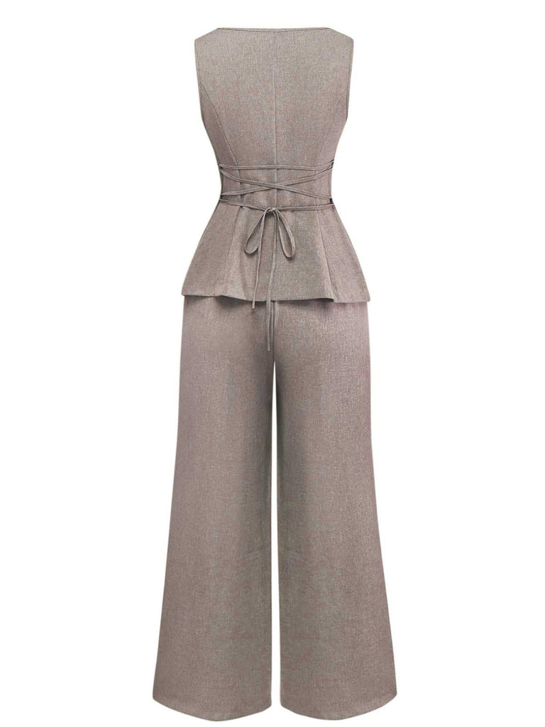 2PCS Solid 1940s Sleeveless Top & Wide-Leg Pants - vintage fashion, retro style