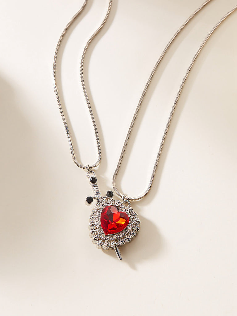 2PCS Vintage Rhinestone Heart-Shaped Ruby & Sword Necklace - vintage fashion, retro style