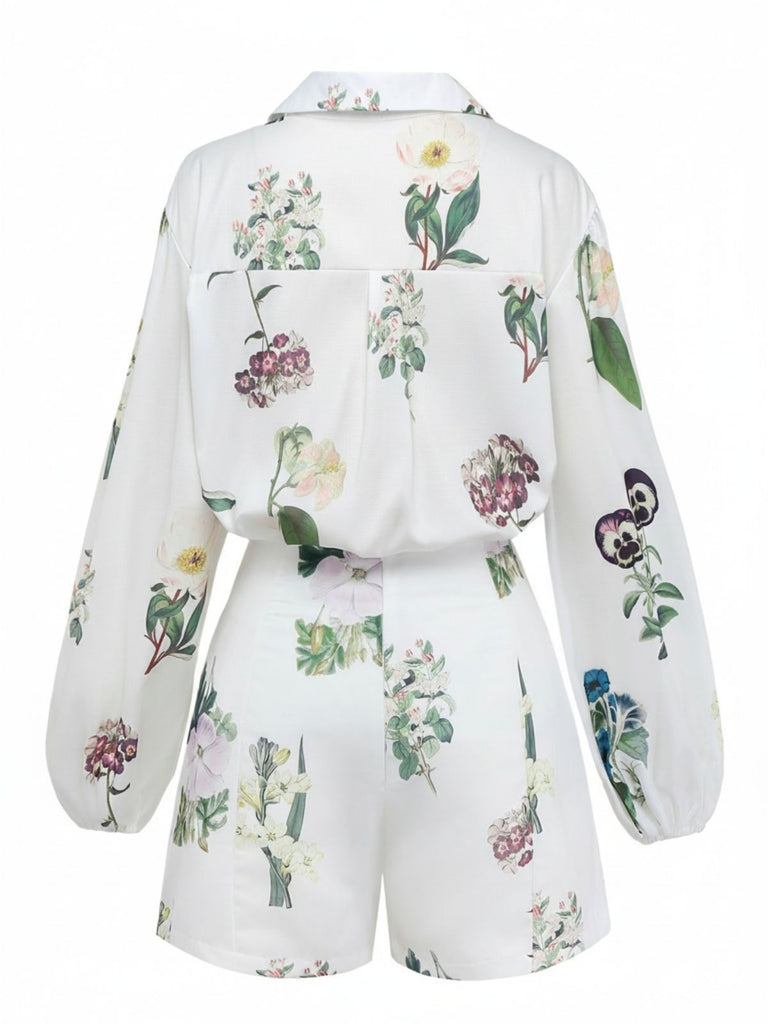 2PCS White 1960s Linen Floral Blouse & Shorts - vintage fashion, retro style, pure white
