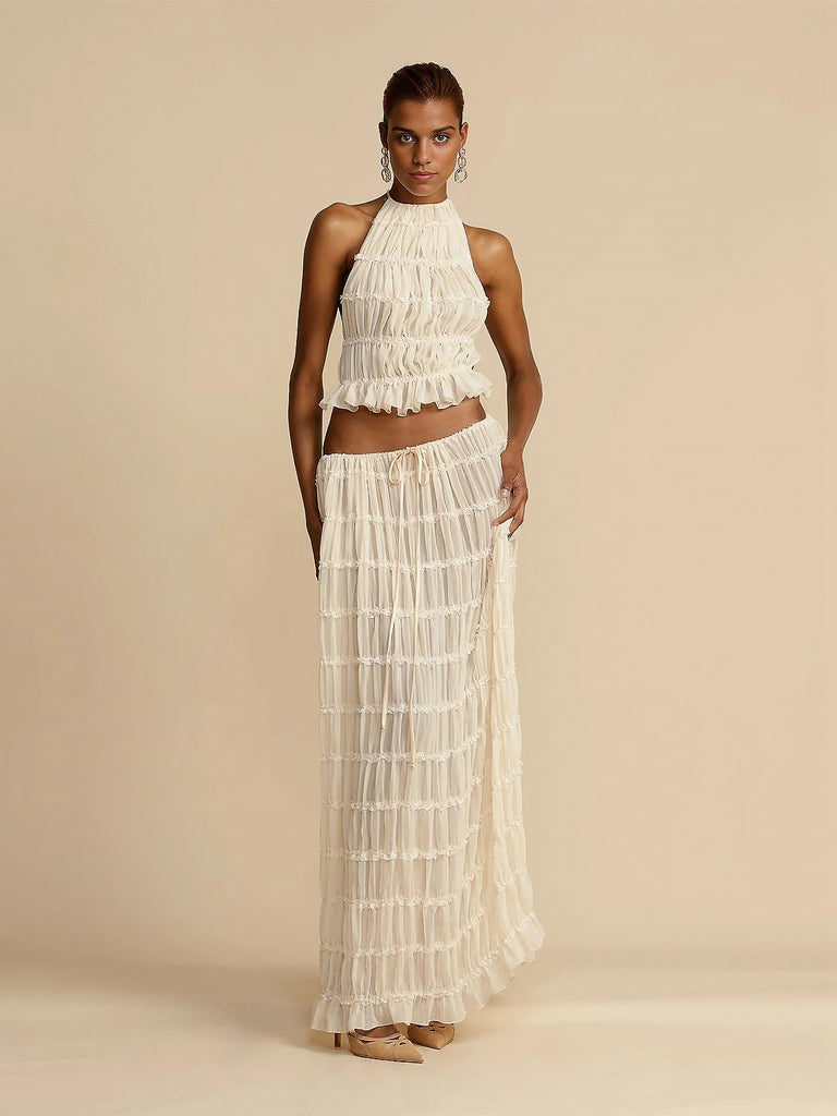 2PCS White 1970s Wrinkle Halter Backless Top & Skirts: a 1970s classic that whispers rather than shouts