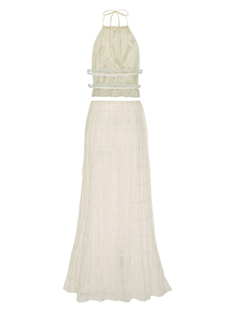 2PCS White 1970s Wrinkle Halter Backless Top & Skirts, vintage skirt, retro style - perfect for women who love vintage and retro fashion