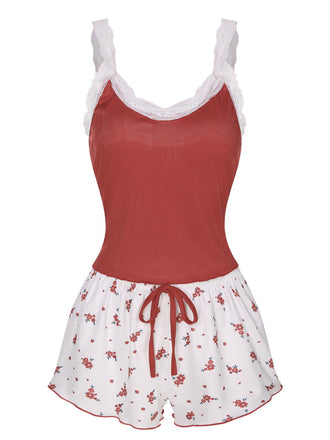 2PCS Wine Red 1950s Lace Straps Pajamas, vintage pajamas, retro nightwear - perfect for women who love vintage and retro fashion
