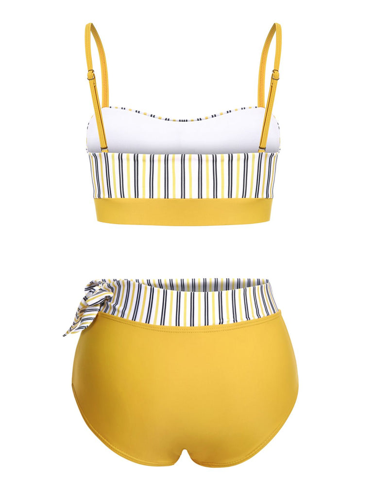 2PCS Yellow 1940s Striped Patchwork Swimsuit, vintage swimsuit, pin-up swimwear - perfect for women who love vintage and retro fashion
