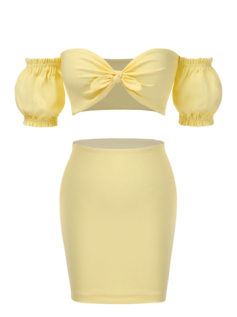 2PCS Yellow 1960s Solid Tube Top & Bodycon Skirt, vintage skirt, retro style - perfect for women who love vintage and retro fashion