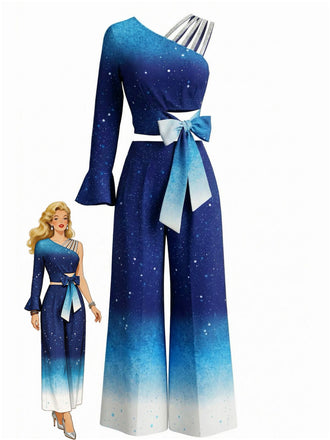 Blue gradient dress with a bow detail on a white background