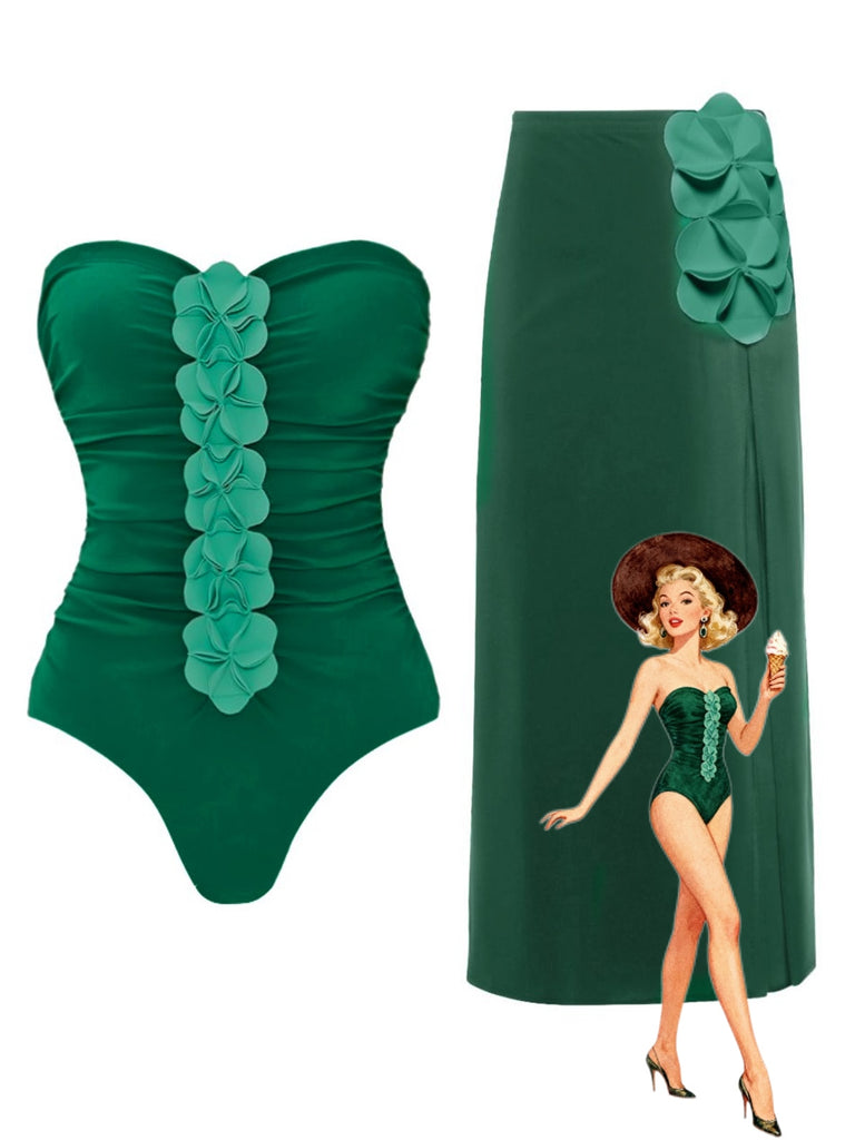 Green strapless swimsuit with floral details and a matching skirt, with a vintage-style illustration of a woman on a white background.
