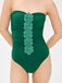 Green strapless swimsuit with floral details on a white background