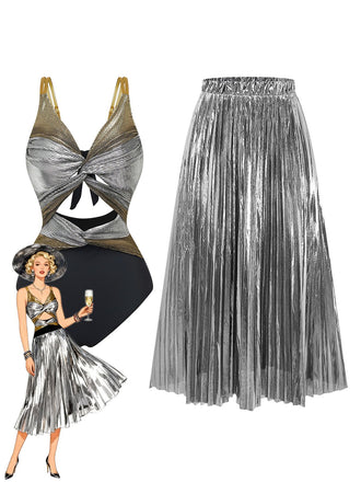 Silver metallic top and pleated skirt with a vintage illustration of a woman.