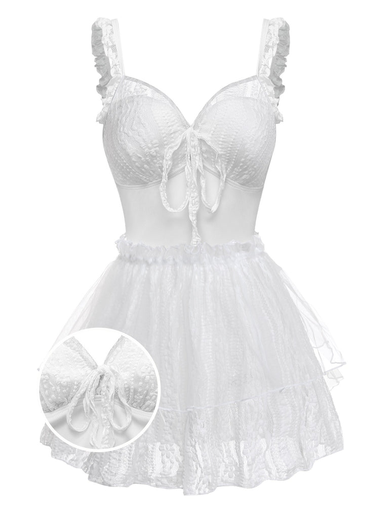 [Pre-Sale] 2PCS White 1950s Lace Ruffled Bow Swimsuit & Cover-Up