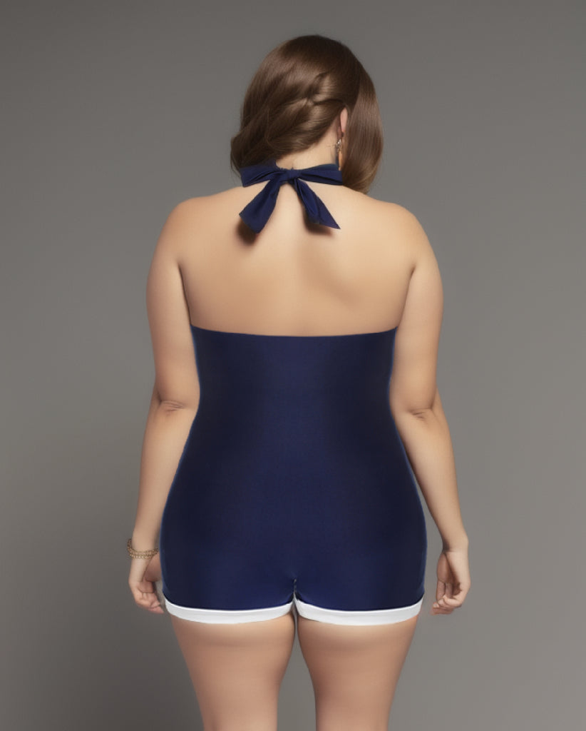 [Plus Size] Navy Blue 1950s Pleated Halter Swimsuit