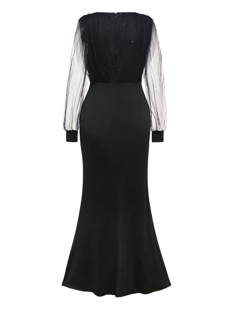 Black 1930s Solid V-Neck Sequined Irregular Hem Dress