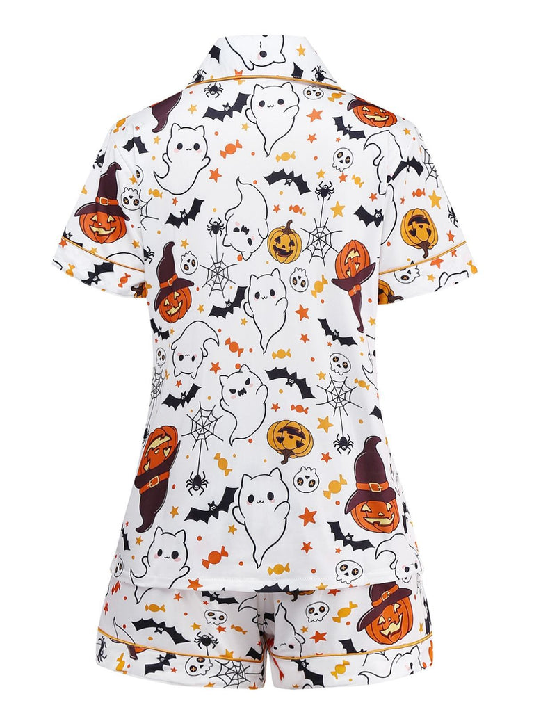 White 1950s Halloween Print Notched Collar Pajama Set