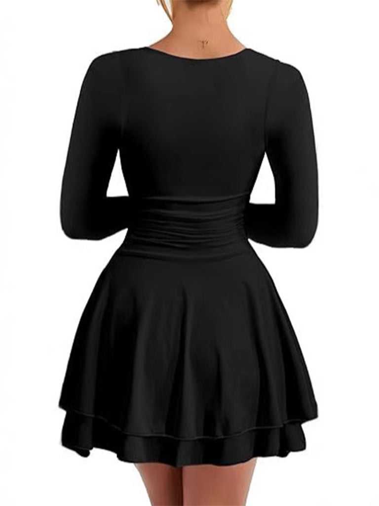 1980s Solid Fitted Square Neck Long Sleeve Dress