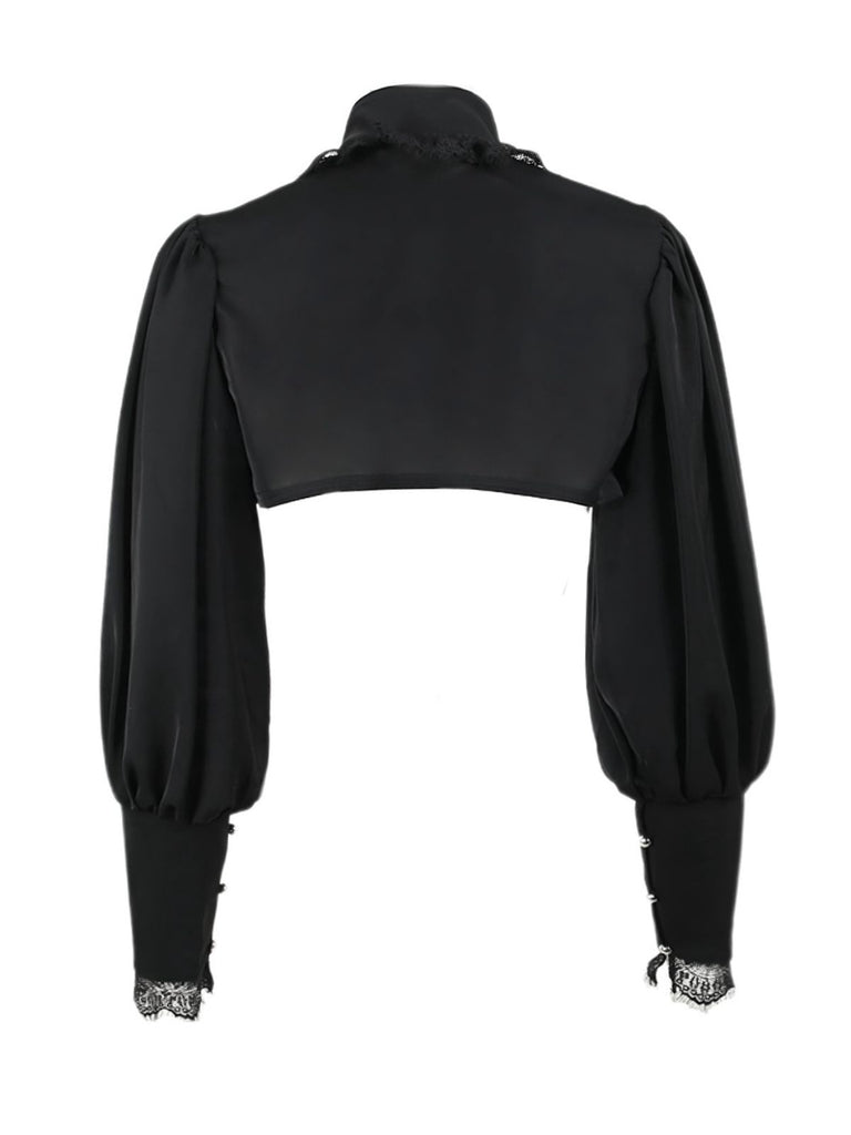 Black 1980s Gothic Lace Stand Collar Top