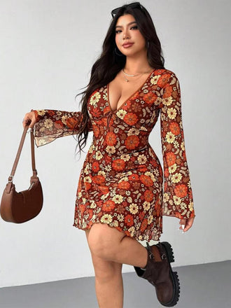 [Plus Size] Orange 1960s V-Neck Floral Dress