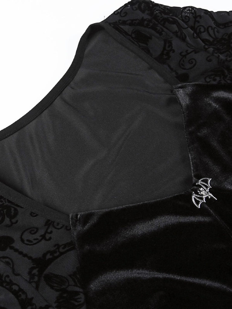 Black 1960s Gothic Flocked Dress