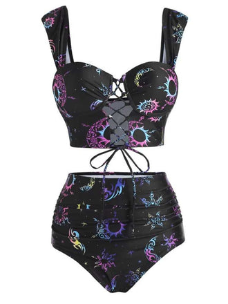 Black 1980s Strap Neon Nebula Print Gothic Bikini