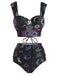 Black 1980s Strap Neon Nebula Print Gothic Bikini