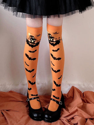 Orange Halloween Bat Over Knee Stockings