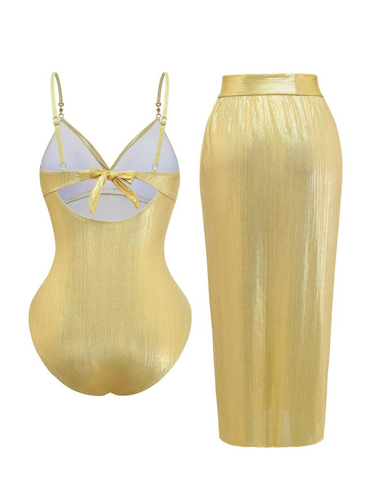 Gold 1980s Ruched One-Piece Swimsuit & Cover Up