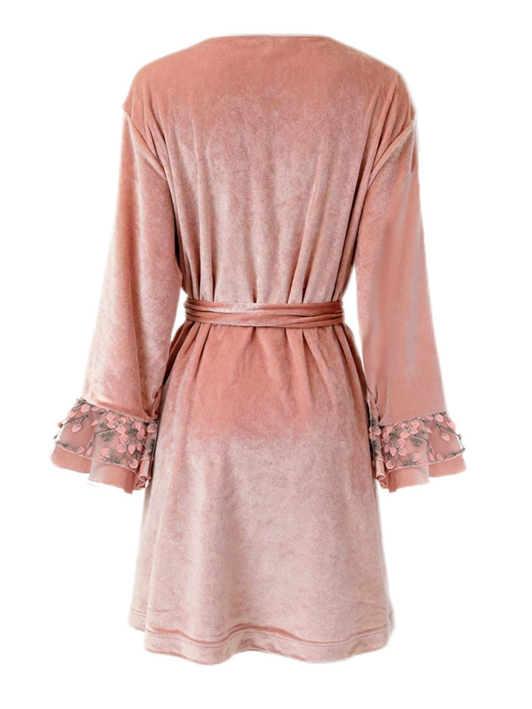 Pink 1980s Floral Cuff Velvet Belted Robe