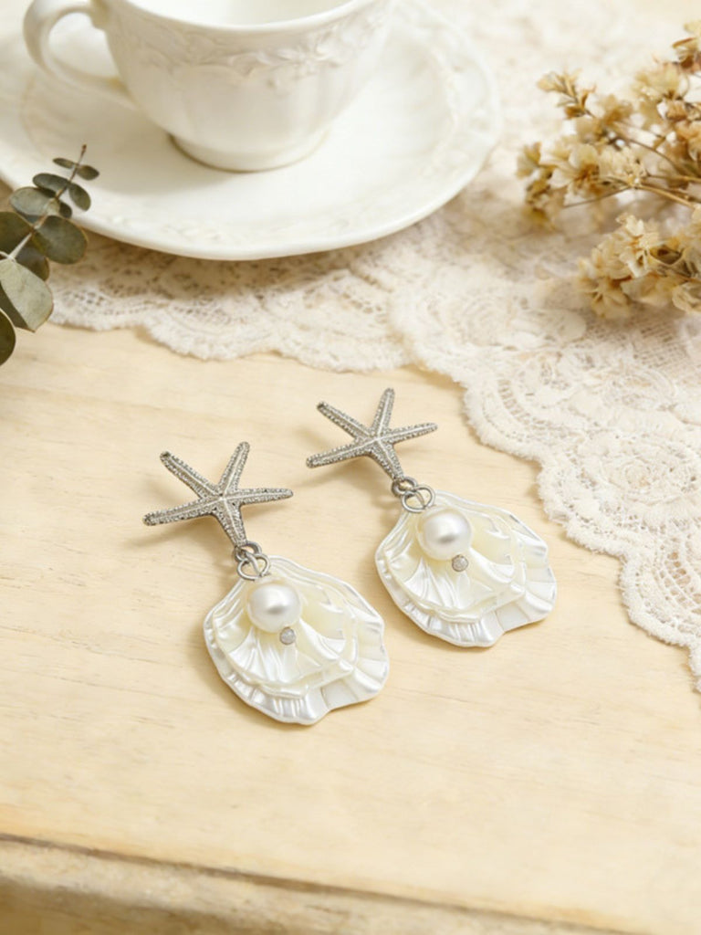 Gold Starfish Shell Pearl Drop Earrings