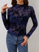 1970s Flocked Floral Mesh Half Turtleneck Slim Top